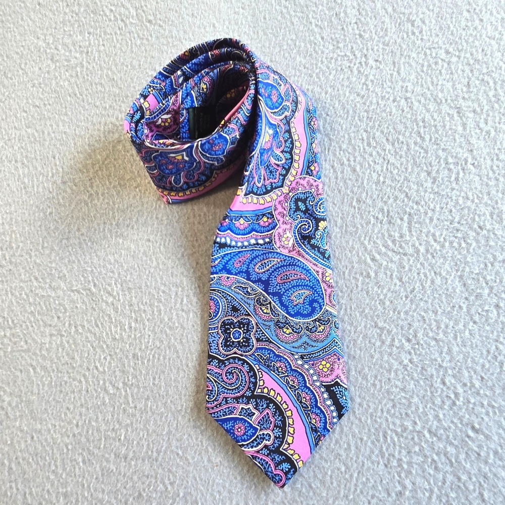 Lauren Ralph Lauren Necktie Mens OS Blue Pink Paisley Silk Hand Made Tie